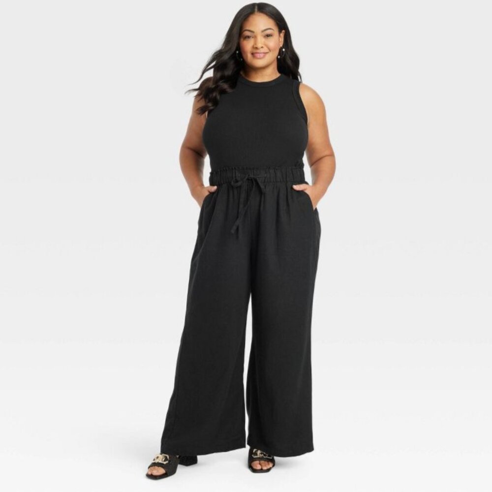 Ava & Viv Women's High-Rise Wide Leg Linen Pants Black NWT Size XXL